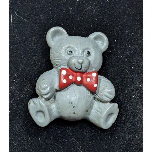 Vintage Kidcore Grey Teddy Bear Brooch With Bowtie - Picture 3 of 4